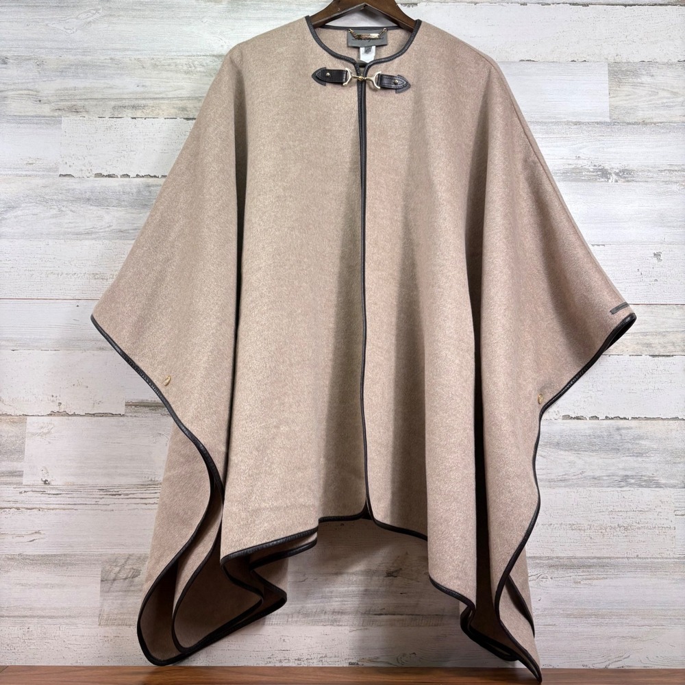 Les Copains Cape Beige Alpaca‎ Wool Leather Trim Luxury 40 Vintage 90s Hand Made